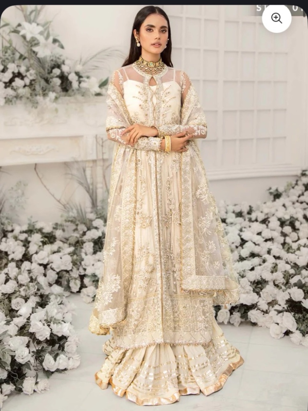 Embroidered off white gold long kameez lehenga
